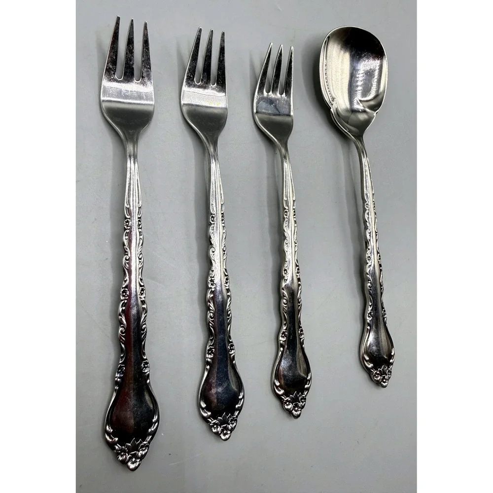 International Silver Gigi Stainless Deluxe 3 Cocktail Forks 1 Sugar Spoon 4pc
